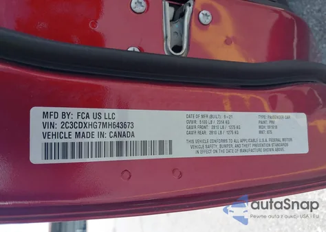 2021 Dodge Charger Gt Rwd z USA, uszkodzony, nr VIN 2C3CDXHG7MH643673